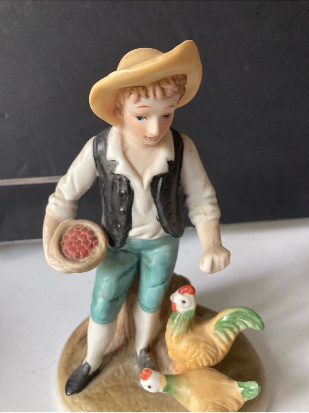 Vintage Porcelain Farm Boy Figurine with Chickens Flambro - Hand-Painted